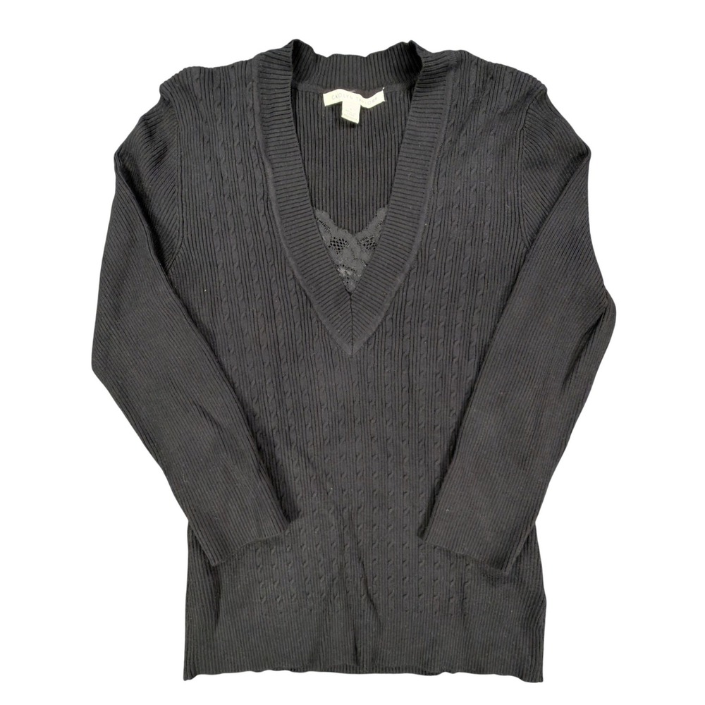 Carolyn Taylor Y2K V-Neck Lace Trim Sweater Womens Small Black LIKE NEW C686